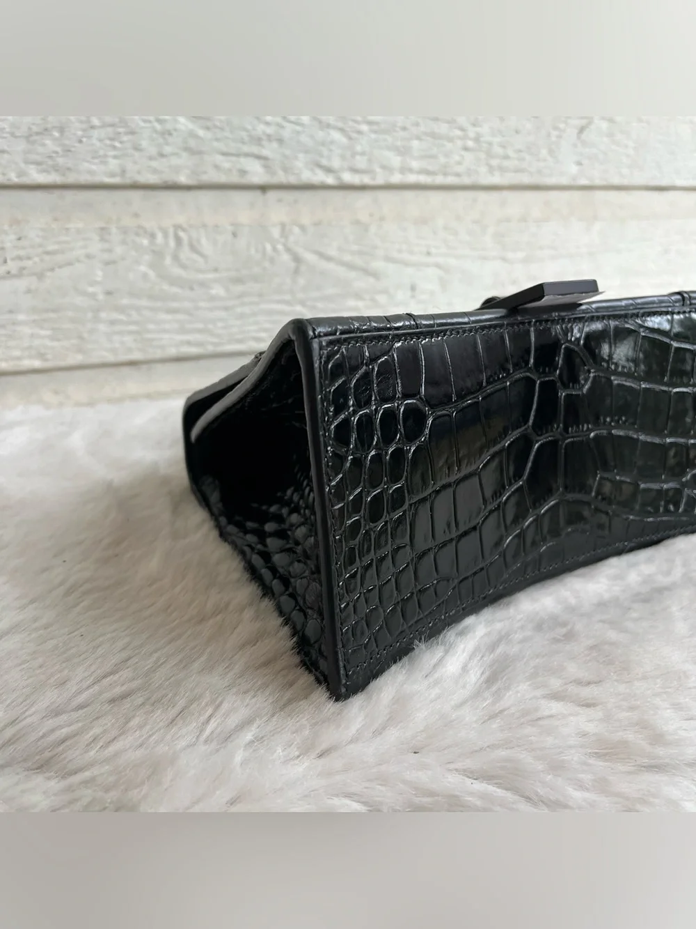 BALENCIAGA Black Croc Hourglass Mini Baguette Crossbody Flap Top Handle Handbag